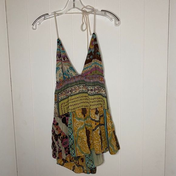 Alice & Trixe Womens Mini Dress Sexy Sleeveless Boho Patchwork Deep Neckline L - Picture 1 of 6